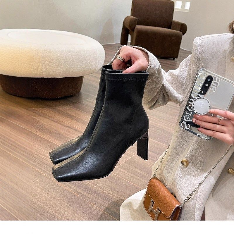 法式马丁靴瘦瘦短靴女2025早春款方头粗高跟小踝靴单靴侧拉链女鞋,女鞋,时装靴,淘宝优惠券,粉丝福利购,淘宝优惠卷
