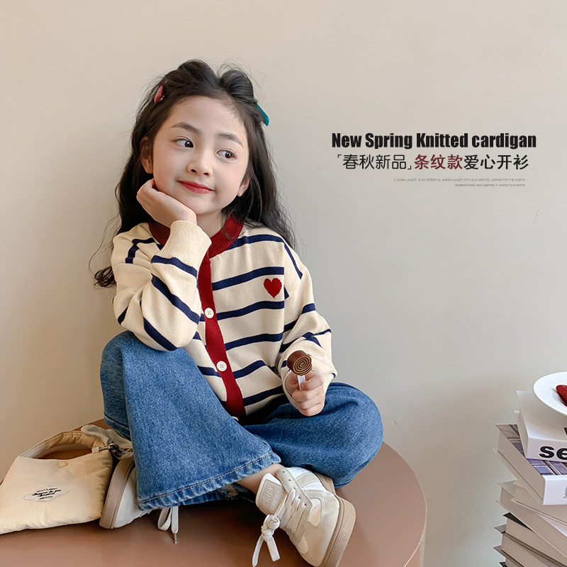 女童外套春秋款2024新款春装条纹针织开衫洋气时髦儿童装毛衣上衣图片
