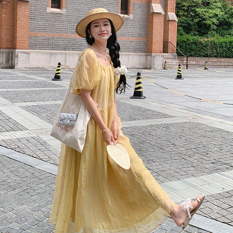 超长款到脚踝黄色连衣裙女夏20连衣裙