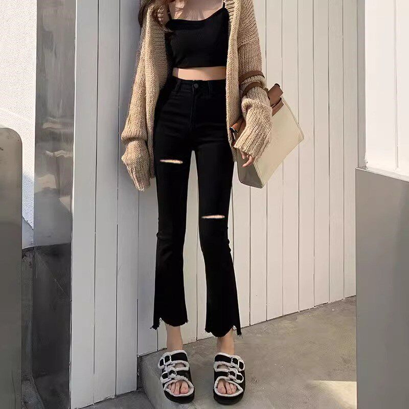 小个子八分微喇叭裤女春秋高腰显瘦弹力薄款牛仔九分破洞小黑裤潮