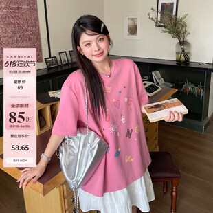 小草宽松定制夏季款减龄短袖t恤胖mm大码女装多巴胺独特漂亮上衣