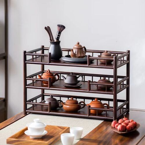 三层50cm加宽带屏栏茶杯架子茶具收纳架茶桌紫砂壶摆放架博古架