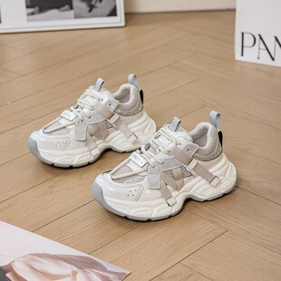 水钻厚底老爹鞋女网面透气运动鞋2025春夏新款女鞋百搭轻便休闲鞋