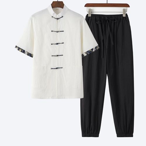 夏季薄款唐装男中国风青年短袖套装中式衬衫复古汉服宽松休闲禅茶