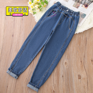 宽松版 儿童女大童腰弹力老爹裤 裤 萝卜裤 子春秋新款 女童软牛仔裤