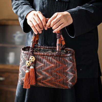 复古中式竹编包茶道茶具收纳包文艺风手提包日式手工编织包竹篮包