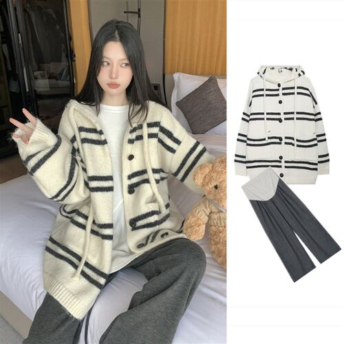 孕妇装秋季套装美式连帽针织开衫慵懒风中长版毛衣外套辣妈两件套