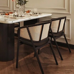 法式复古黑色藤编餐椅实木家具单人扶手靠背休闲茶室喝茶主人椅子