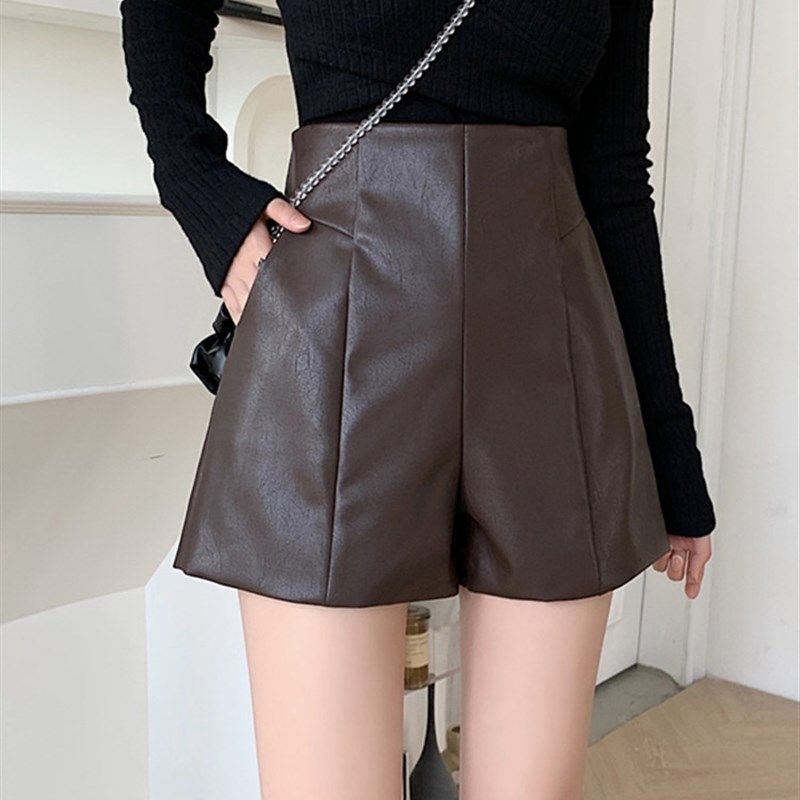 皮短裤女显瘦棕色a字靴裤遮肚子黑色PU休闲秋冬美式复古胖mm外穿,女装/女士精品,休闲裤,淘宝优惠券,粉丝福利购,淘宝优惠卷