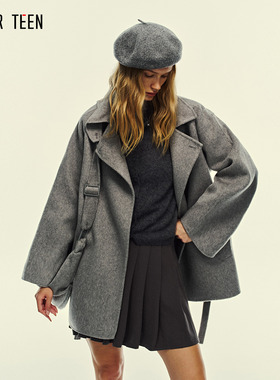 AFTER TEEN澳毛&羊绒 翻领中长款双面呢外套 一衣多搭廓形大衣女