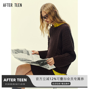 AFTER TEEN羊毛混纺 复古绞花圆领宽松套头毛衣/半身裙两件套套装