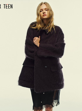 AFTER TEEN绵羊毛&山羊绒 拉毛绒感毛呢大衣 大翻领廓形毛呢外套