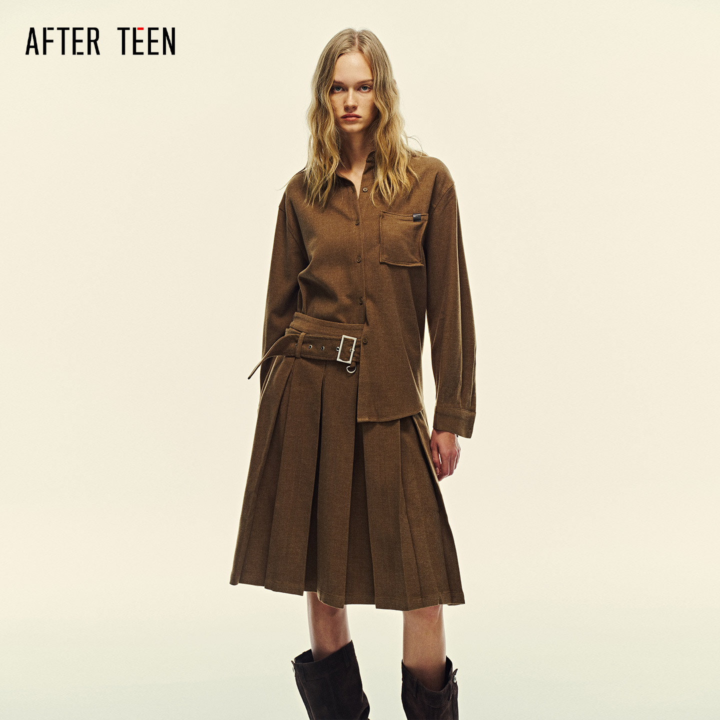 AT「牧野序曲｜暖绒叙诗」可拆卸腰带复古对褶百褶裙廓形衬衫套装