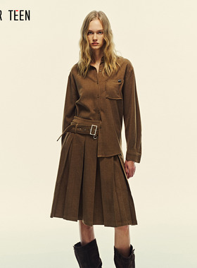 AFTER TEEN可拆卸腰带复古对褶百褶裙 廓形衬衫两件套装