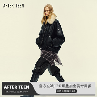 羽绒服皮衣 磁吸扣PU皮外套 AFTER TEEN可拆卸毛领复古机能风短款