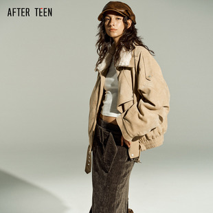 AFTER TEEN仿麂皮绒毛领直充羽绒服廓形派克服短外套 半身裙女