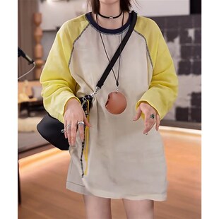 撞色拼接长袖亚麻t恤女夏季慵懒tb风宽松网红减龄防晒衫罩衫上衣