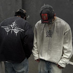 白鹤大人美式做脏圆领打底衫男女款宽松印花上衣秋冬纯棉长袖T恤