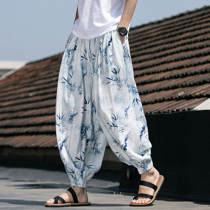 新中式国潮国风男装九分裤夏季薄款冰丝裤子高级感小众灯笼沙滩裤