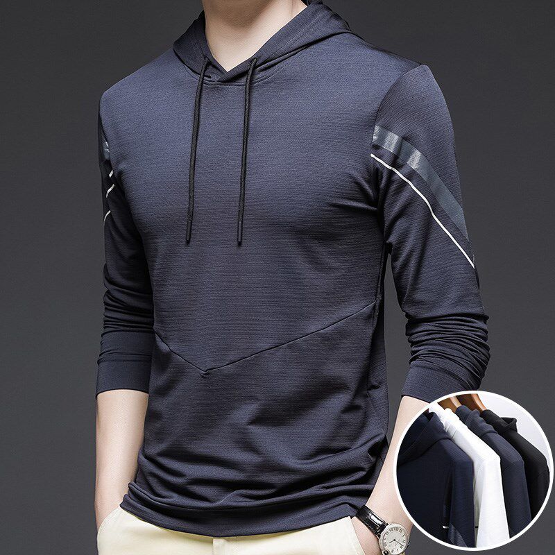 春秋带帽子速干冰丝长袖t恤休闲运动连帽弹力外穿耐穿体恤上衣男