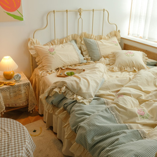 仙女韩式公主风床裙四件套全棉纯棉刺绣荷叶花边被套田园床上用品