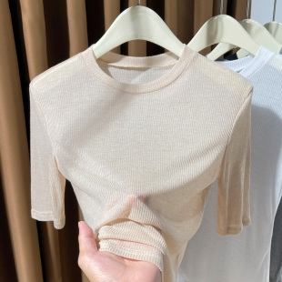 薄款冰丝针织衫女中袖上衣2024新款小圆领内搭打底衫超弹紧身t恤
