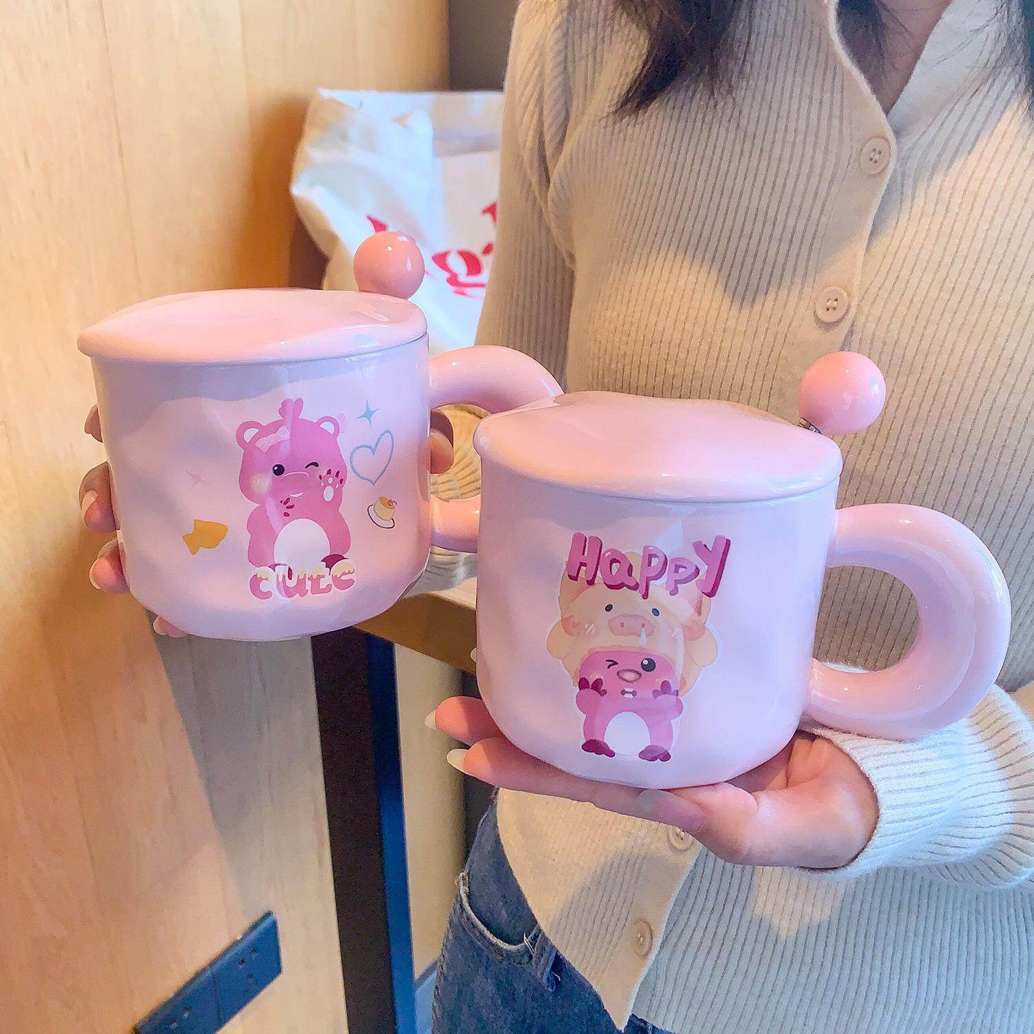 小海狸陶瓷杯子带盖带勺子可爱女马克杯高颜值水杯家用早餐杯儿童