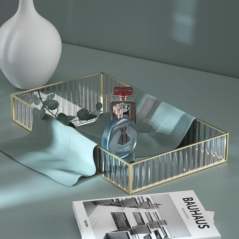 A5Lins风化妆品收纳盘梳妆台长方形黄铜镜面香薰蜡烛托盘摆件