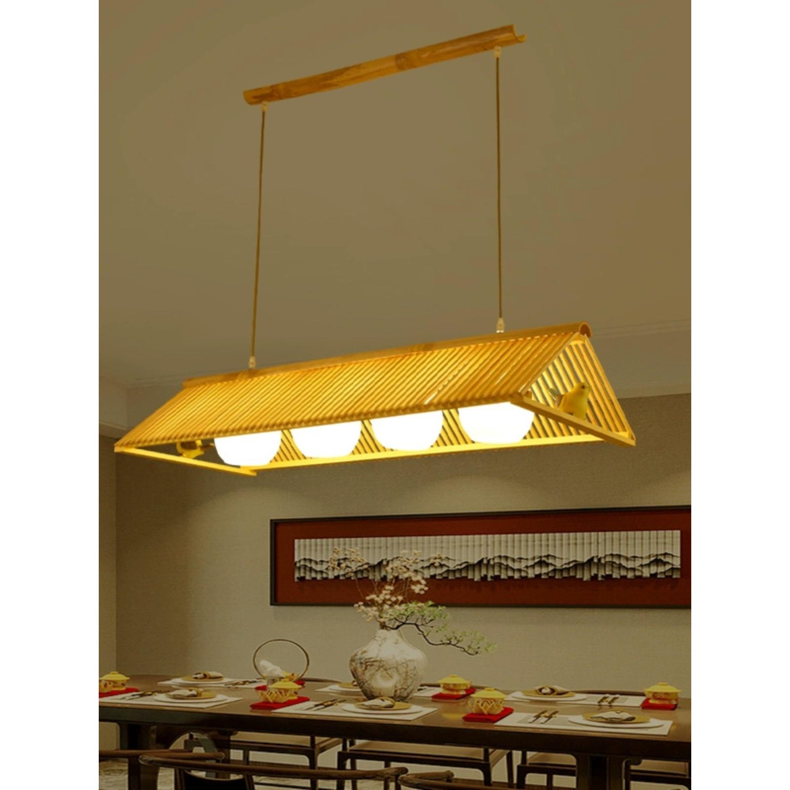 创意个性民宿餐厅茶楼店铺商用灯玻璃原木色装饰吧台长条竹艺吊灯