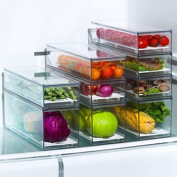 家用冰箱高透明冷藏盒多用方形收纳盒带盖可叠保鲜盒带沥水整理盒