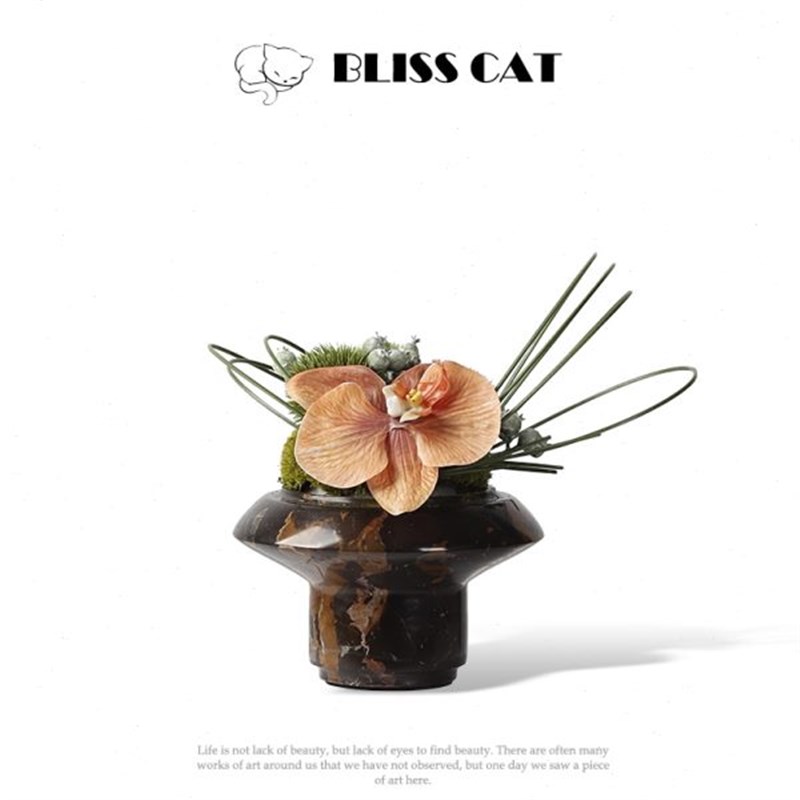 新中式大理石小花瓶插花r酒店洽谈桌茶几花艺书桌花器高级感小桌