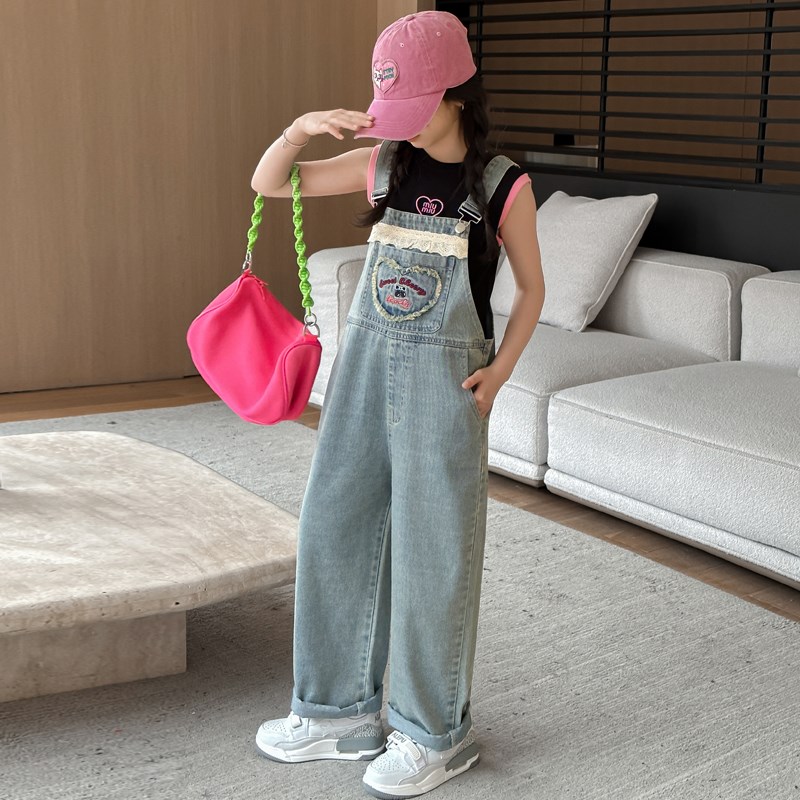 女童背带裤套装2024夏季新款儿童装裤子女大童夏装洋气夏天牛仔裤图片