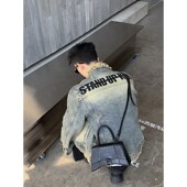 PLTH 后背字母牛仔外套设计感磨毛泥染休闲美式 复古夹克男女外套