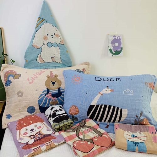 纯棉纱布枕巾52*75全棉柔软吸汗透气水洗棉枕头盖巾简约时尚卡通