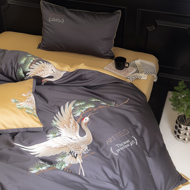 新中式120支纯棉四件套刺绣动物高级感床上用品深色全棉被套1.8米