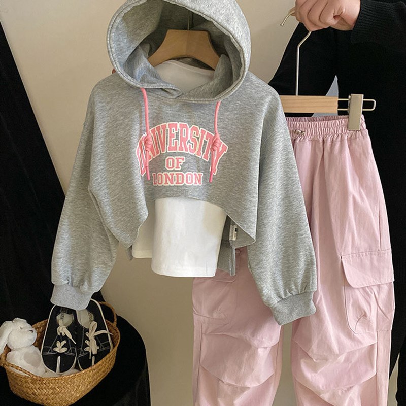 女童春秋新款套装2024儿童卫衣连帽洋气工装裤宽松三件套图片