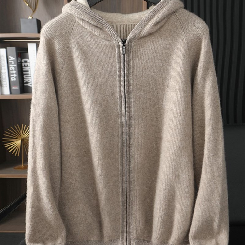 男士山羊绒卫衣针织开衫外套拉链连帽衫宽松毛衣运动休闲双面上衣