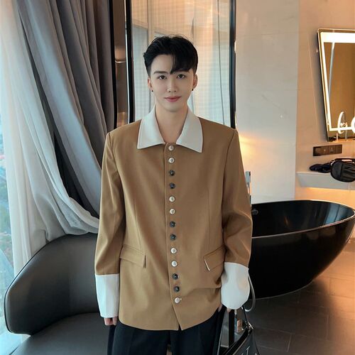 陈大富多粒单排扣撞色翻领西服男士春秋高级感休闲中式西装外套潮
