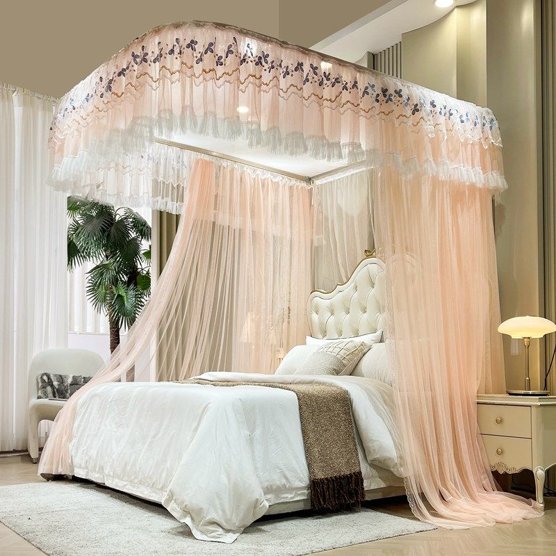 新款U型导轨蚊帐加密加厚轨道落地三开门家用卧室宫廷高级纹账文