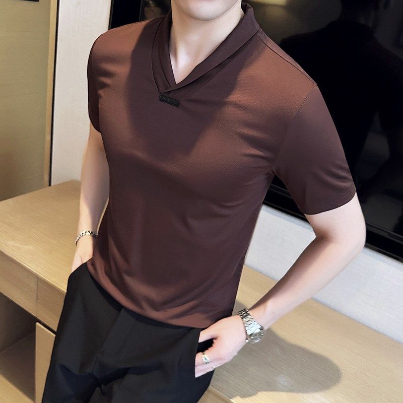 夏季冰丝薄款高级感弹力针织短袖T恤男时尚V领青果领半袖打底衫潮