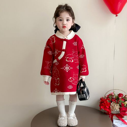 拜年服女童连衣裙秋冬儿童红色裙子2025新款宝宝喜庆新年装毛衣裙