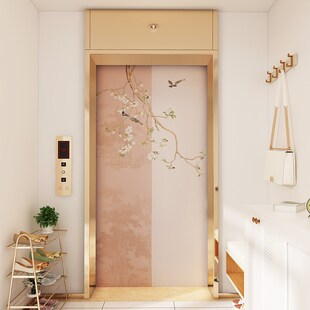 一户一梯电梯门贴纸高档中国风壁纸新中式花鸟消防栓防火门电梯画