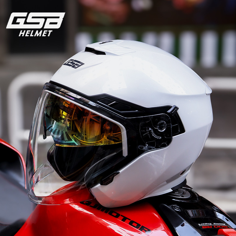 gsb头盔263摩托车半盔男女机车白色骑士安全防晒双镜片四分之三盔