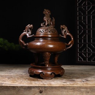 苏工纯铜螭龙耳狮盖三足炉鼎香熏炉铜香炉家居聚宝盆案头炉