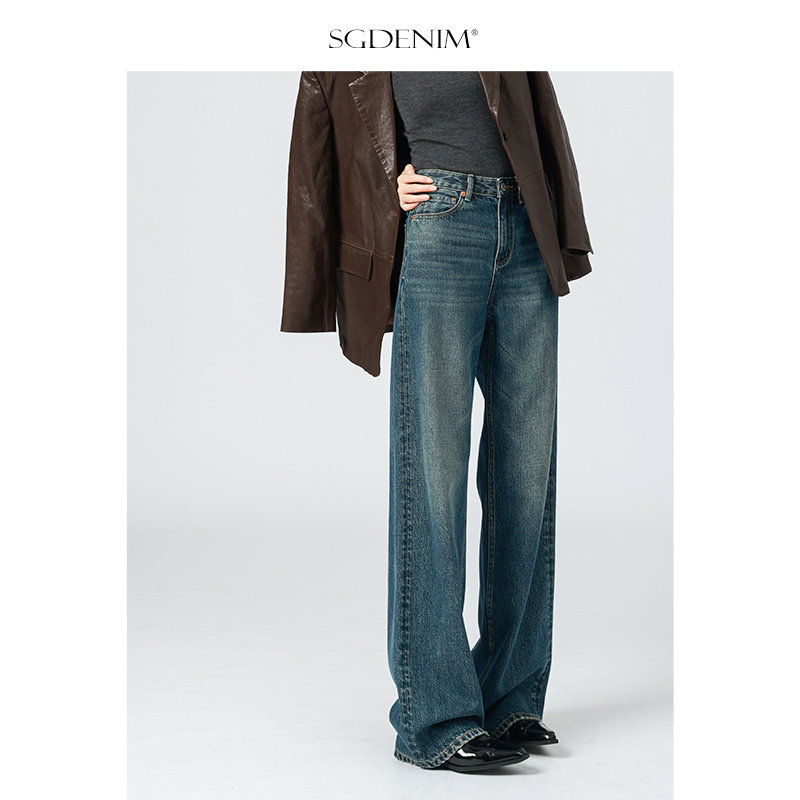 松弛氛围感/秋季新款复古怀旧高腰阔腿牛仔裤女宽松大直筒拖地裤,女装/女士精品,牛仔裤,淘宝优惠券,粉丝福利购,淘宝优惠卷