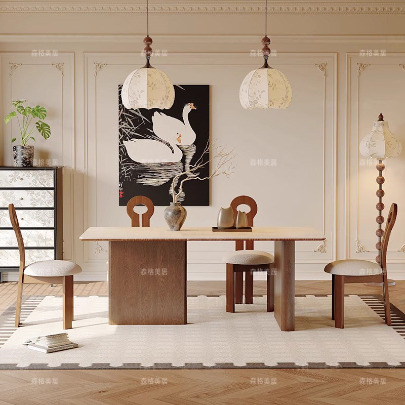 德利丰岩板洞石法式餐桌家用小户型复古中古椭圆长方形Z餐桌子客