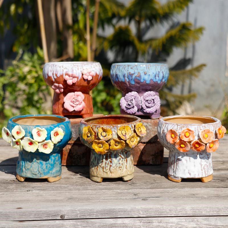 陶瓷多肉花盆手j工捏花大口径老桩盆粗颗粒麦饭石复古流釉