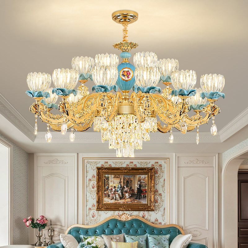 欧式吊灯客厅灯奢华大气法式锌合金水晶灯L饰轻奢卧室餐厅陶瓷灯