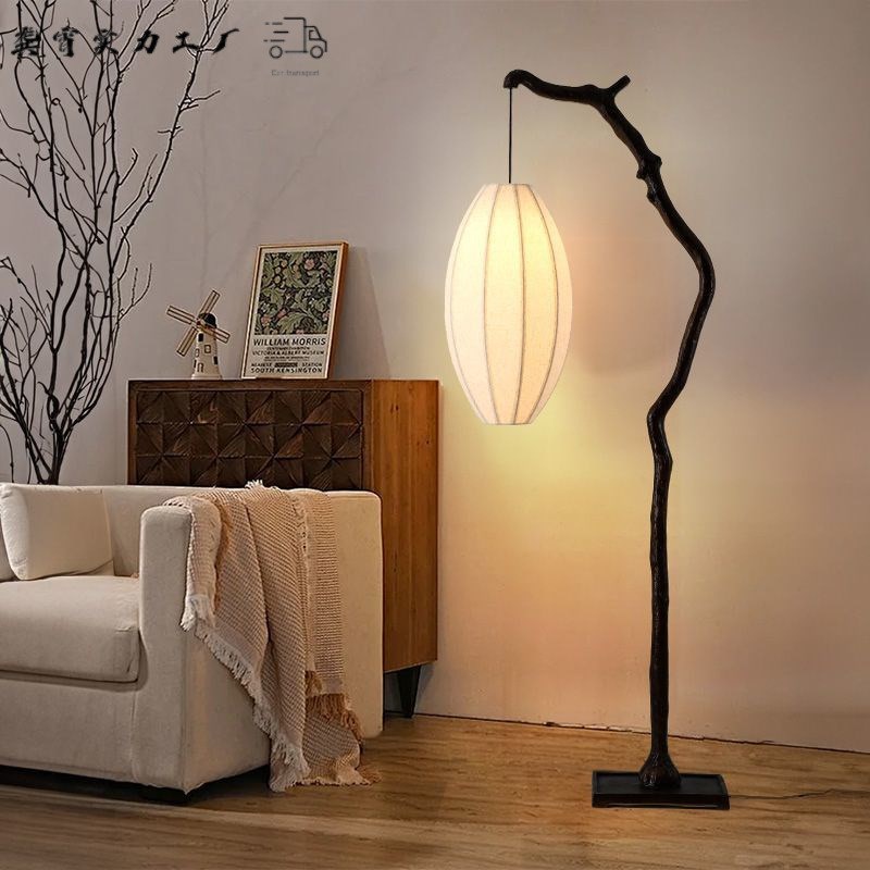 新中式落地灯禅意复古茶室客厅氛围灯诧寂风树枝布艺X灯笼钓鱼地