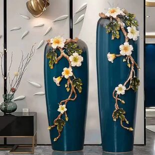 装饰品摆件大号高档别墅落地花瓶大型花瓶珐琅客厅彩轻奢玄关花瓶